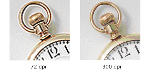 Image shows the difference in print quality of 72 dpi image and 300 dpi images